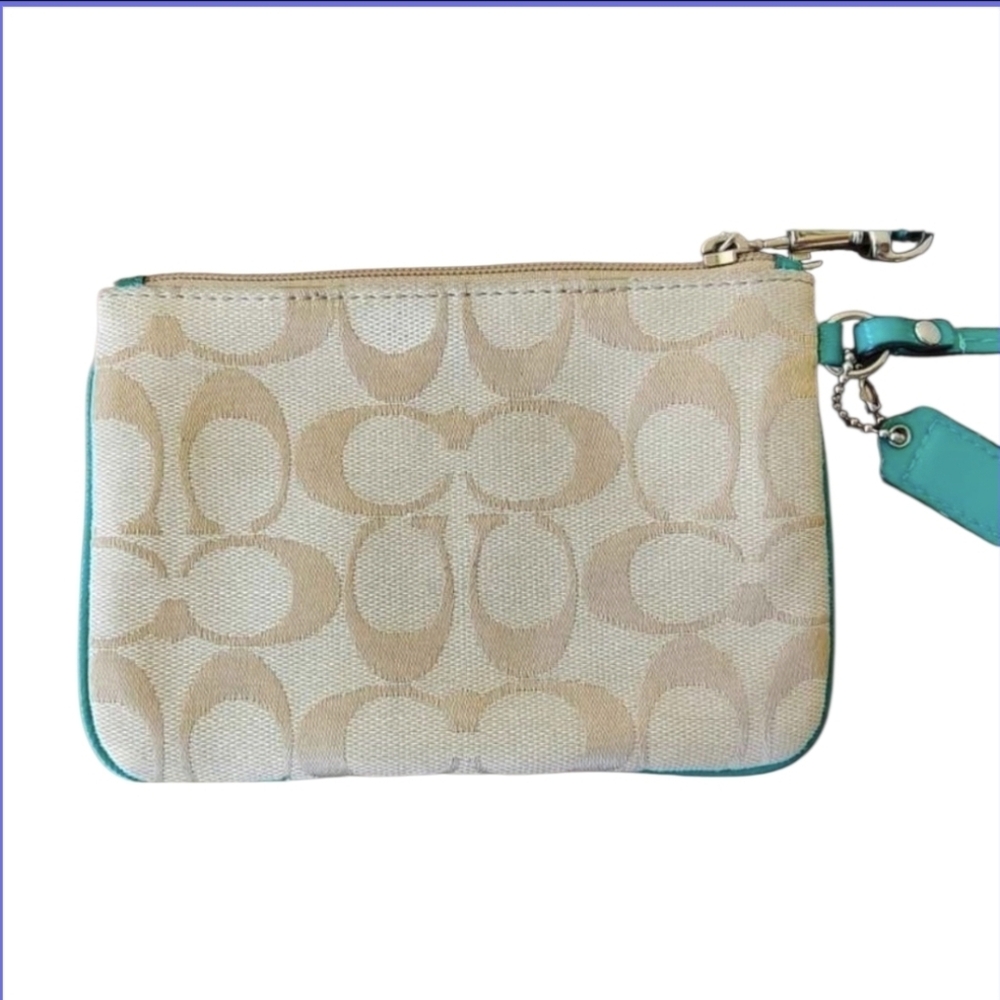 Coach Signature C Wristlet Khaki & Teal Green Patent Leather Trim - Picture 5 of 6